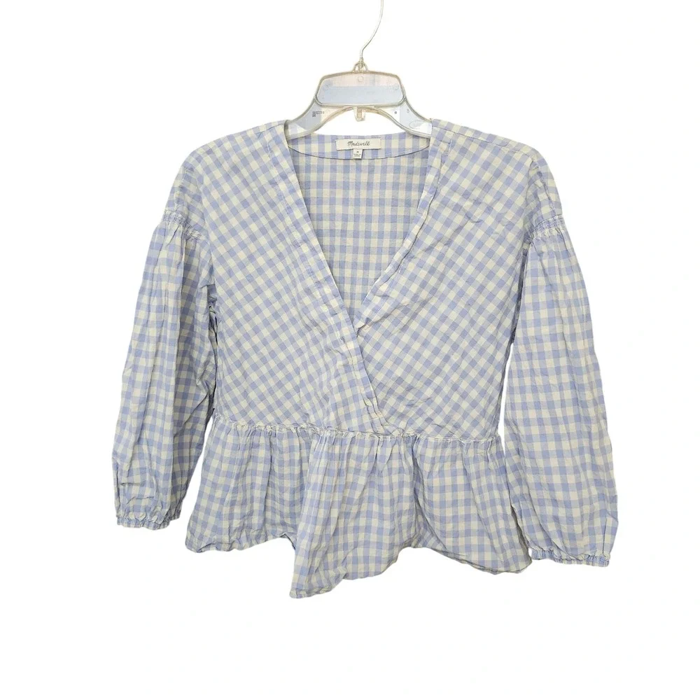 Madewell Blue White Gingham Cotton Wrap Peplum Puff Sleeve Top Sz M Romantic